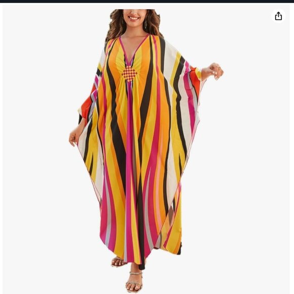 SunforYou Bright Yellow & Pink Kaftan Dress - One Size Fits All - Picture 1 of 7